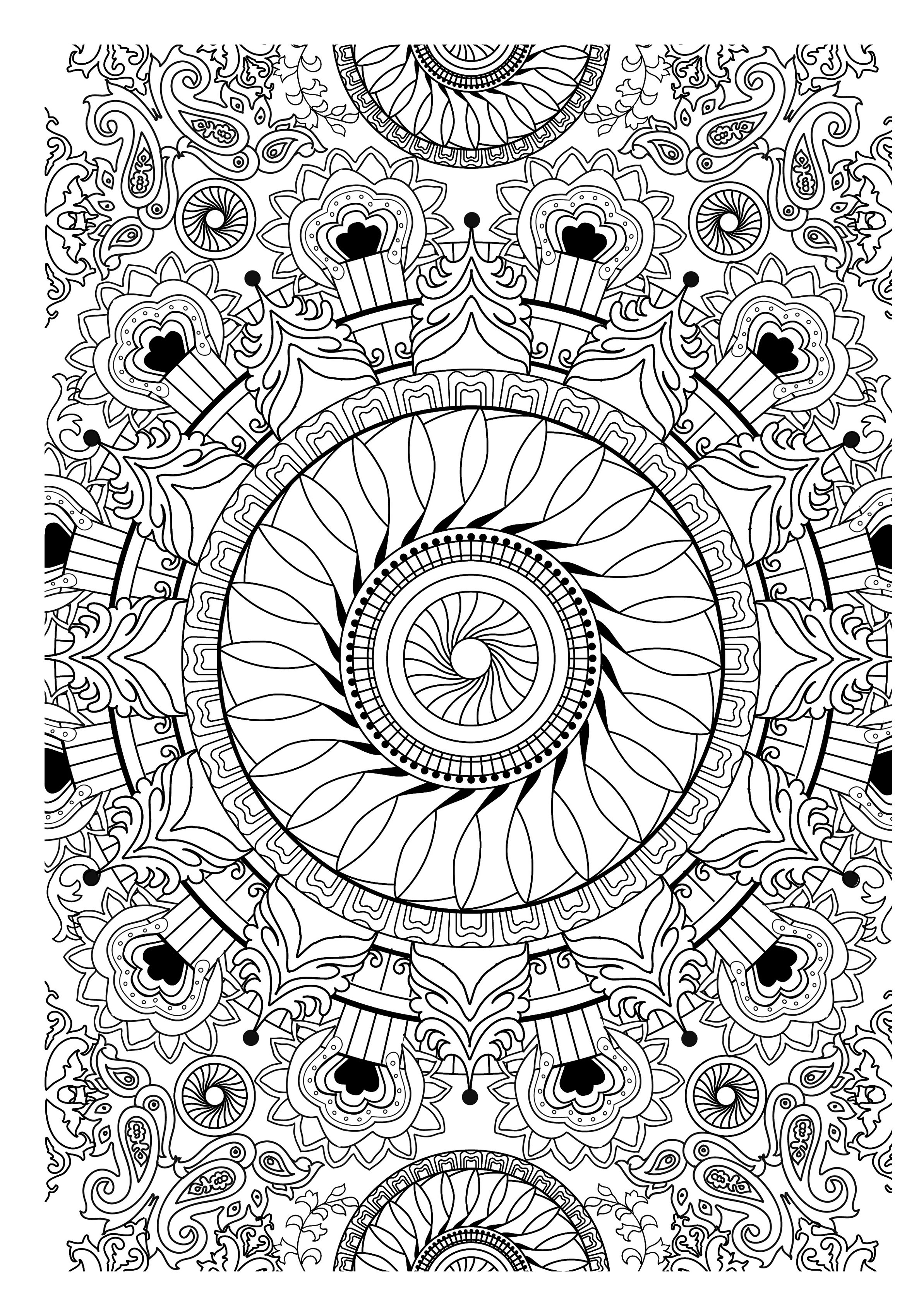 Very complex Mandala template composing an whole sheet ! A lot of details. Prepare your most beautiful shades of green and other colors to color this beautiful and exclusive coloring page, special for lovers of Mandalas and Nature !